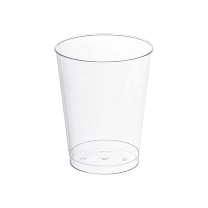 Clear round plastic cups, 10 oz capacity, sold in a pack of 500, perfect for serving beverages at parties and events.