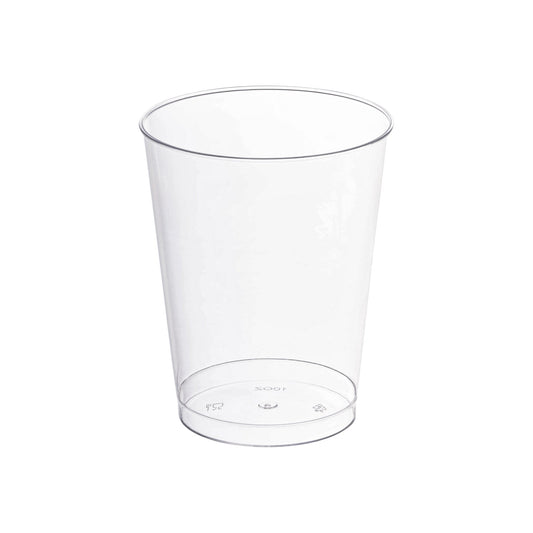Clear round plastic cups, 10 oz capacity, sold in a pack of 500, perfect for serving beverages at parties and events.