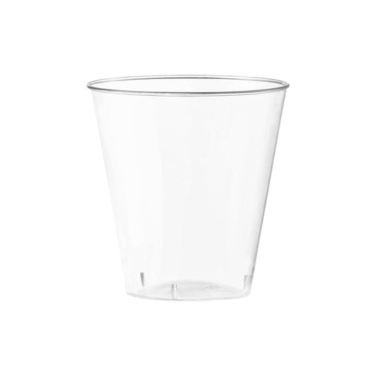 Clear round plastic disposable shot glasses, 2 oz capacity, perfect for parties and events