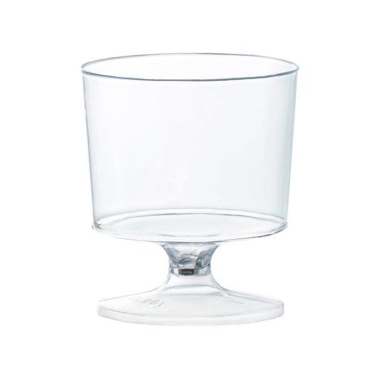Clear round plastic mini wine glasses, 2 oz, lightweight yet sturdy, ideal for easy cleanup at events
