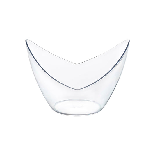 Clear small disposable plastic concave cups, 3.25" x 3", 2 oz capacity, perfect for serving drinks, appetizers, or desserts, 288 cups per case.
