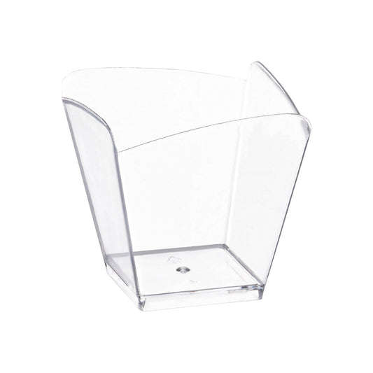 Clear small square disposable plastic cups, 2.25" x 2.25", 3.5 oz capacity, ideal for serving desserts, 288 cups per case.