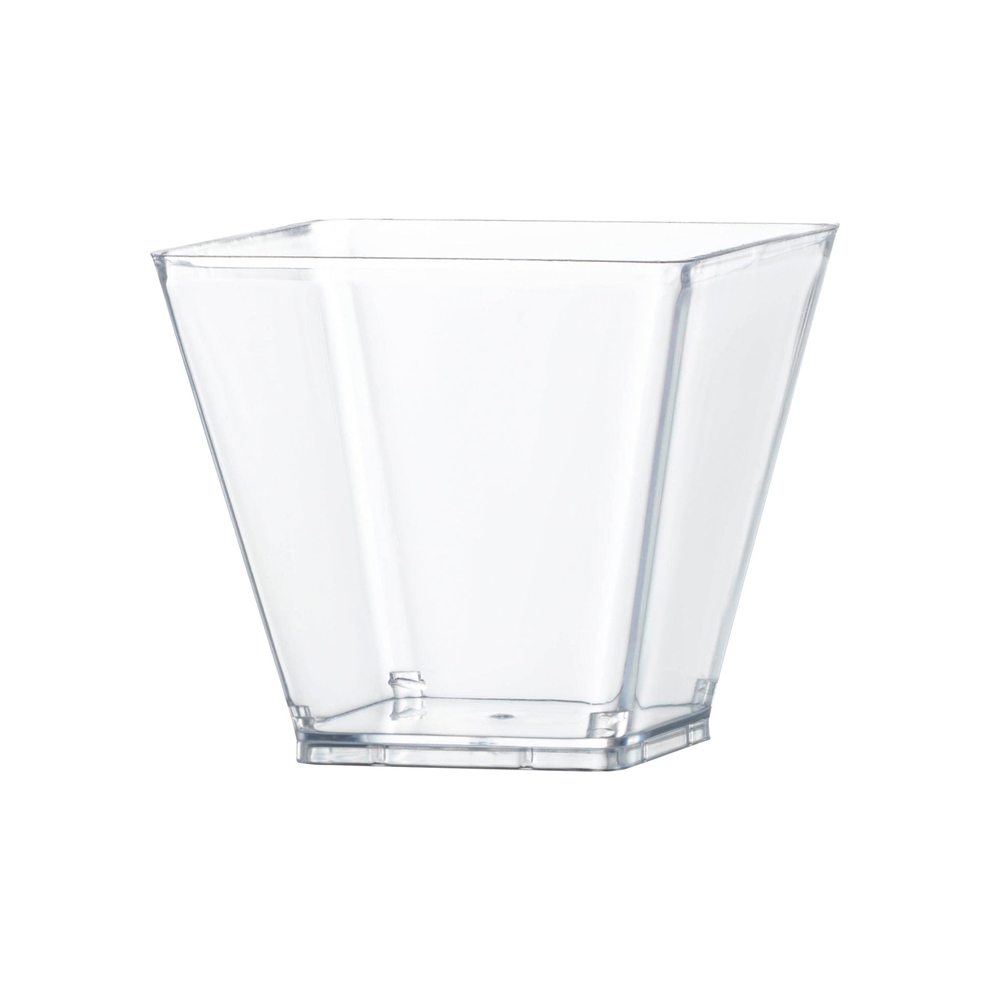 Clear square disposable plastic mini cups with lids, 2.25" x 2.25", 3.5 oz capacity, ideal for desserts or snacks, 288 cups per case.