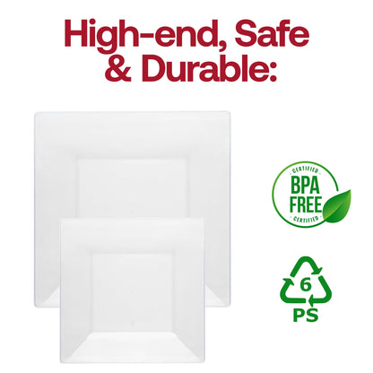 Clear square disposable plastic plates for appetizers or salads, 8-inch size, BPA-free