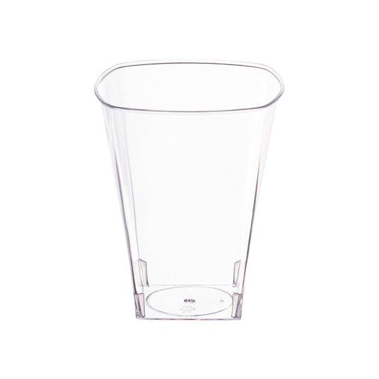 Clear square plastic cups, 8 oz capacity, sturdy and stylish, perfect for serving beverages at events and gatherings