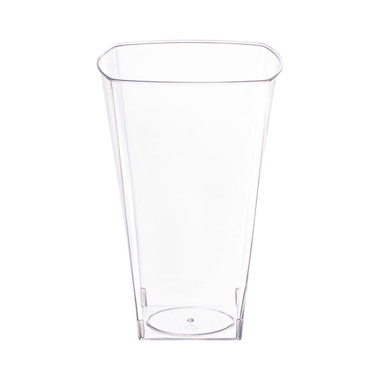 Clear square plastic cups with a modern design, 10 oz capacity, perfect for events and gatherings