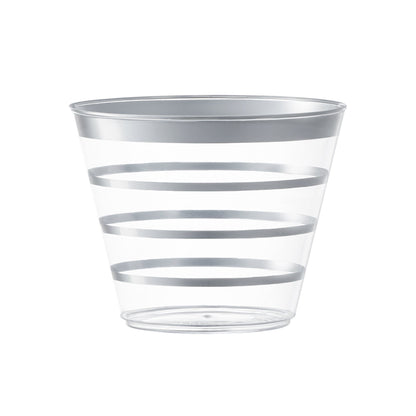 Clear with silver stripes round disposable plastic party cups, 9 oz, 240-pack