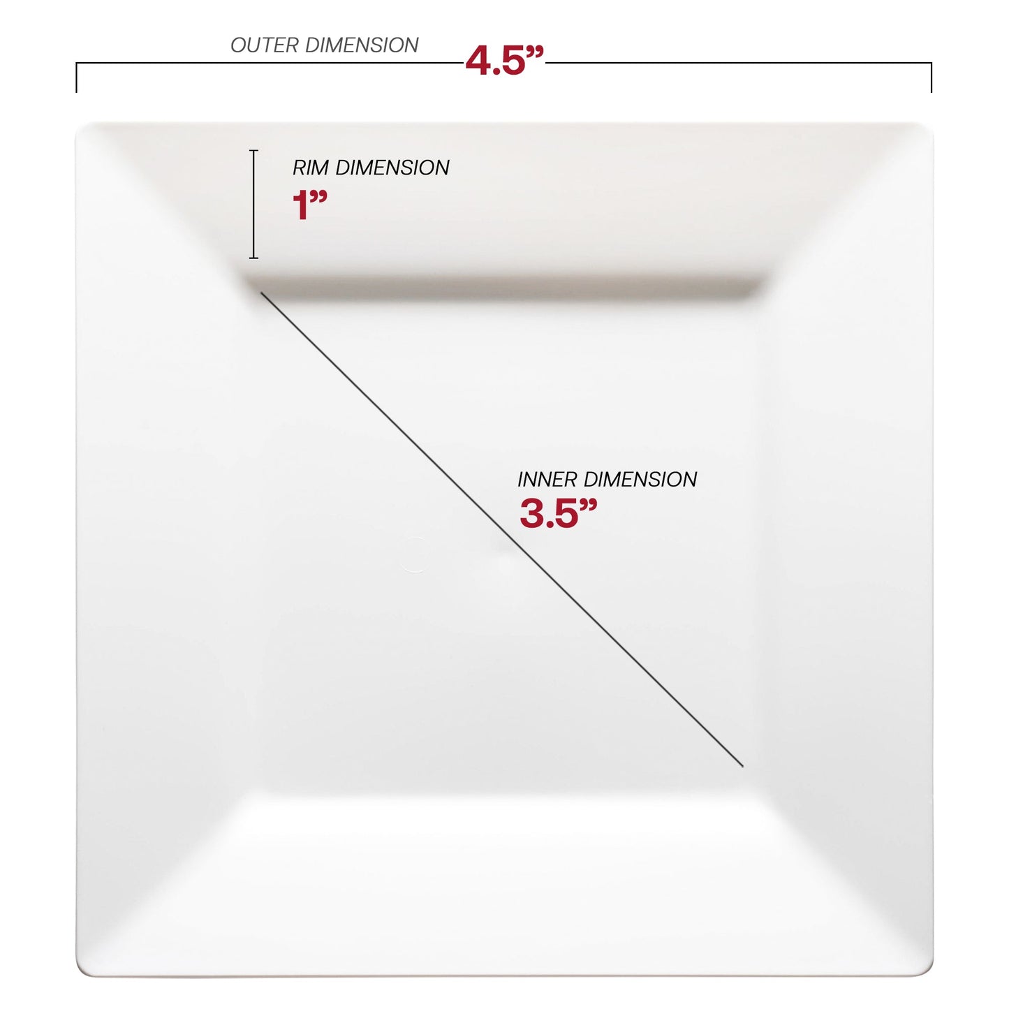 Compact 4.5-inch white plastic pastry plates with a modern square design, disposable and perfect for entertaining