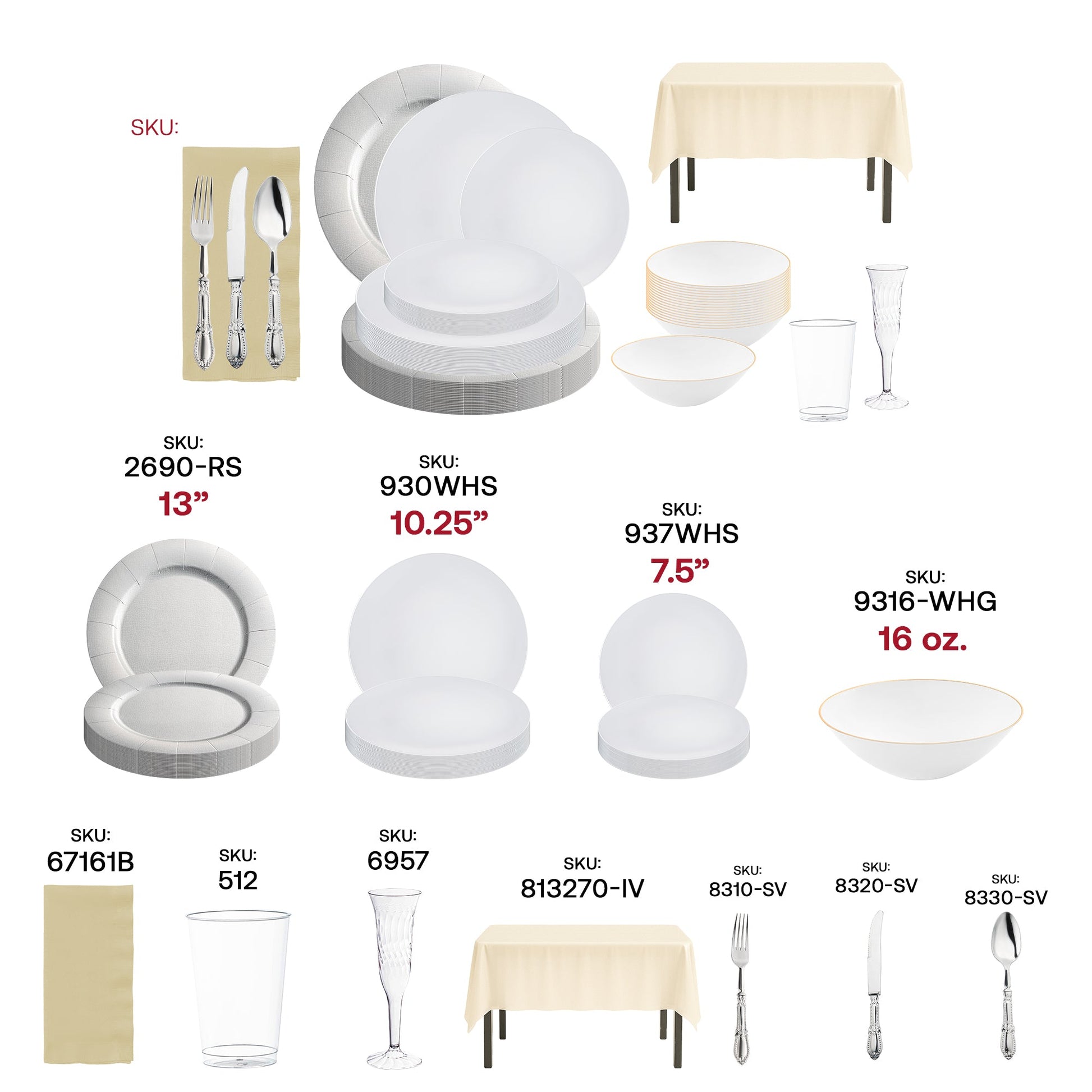 Complete ivory table setting with charger plates, bowls, cups, and champagne flutes.