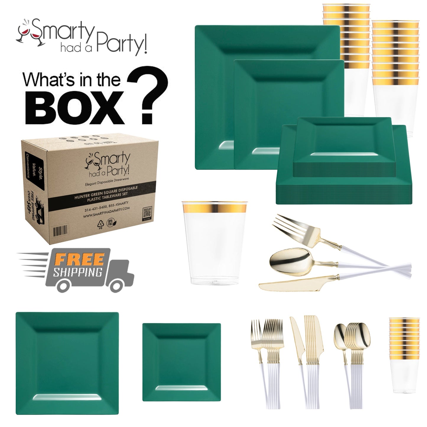 Crafted from recyclable, BPA-free plastic, the Hunter Green Square Disposable Tableware Set ensures safe, eco-refined entertaining
