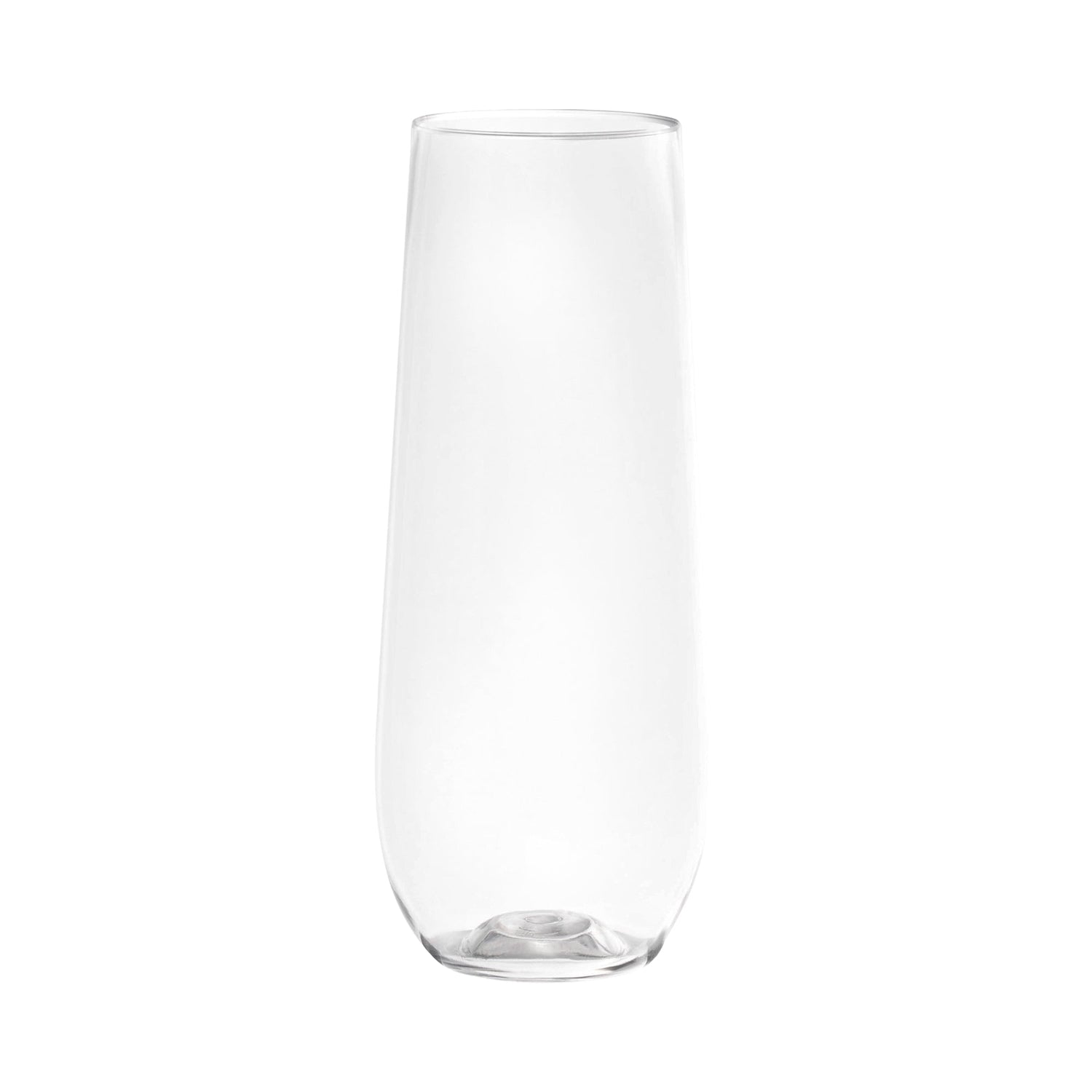 Crystal-clear stemless plastic champagne flutes, 9 oz, featuring a tall and sleek design for sophisticated entertaining