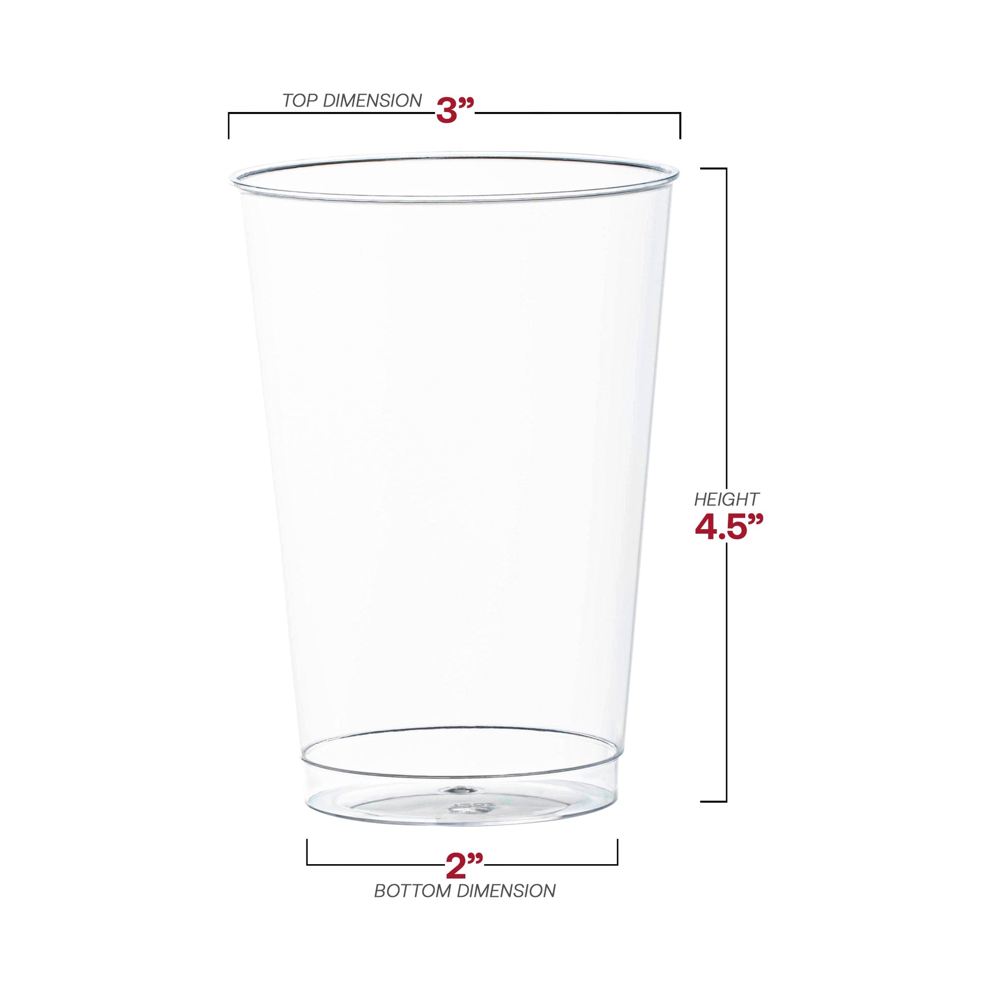 Crystal clear plastic disposable party cups, 12 oz capacity, 3” x 4.5”, available in a bulk pack of 500