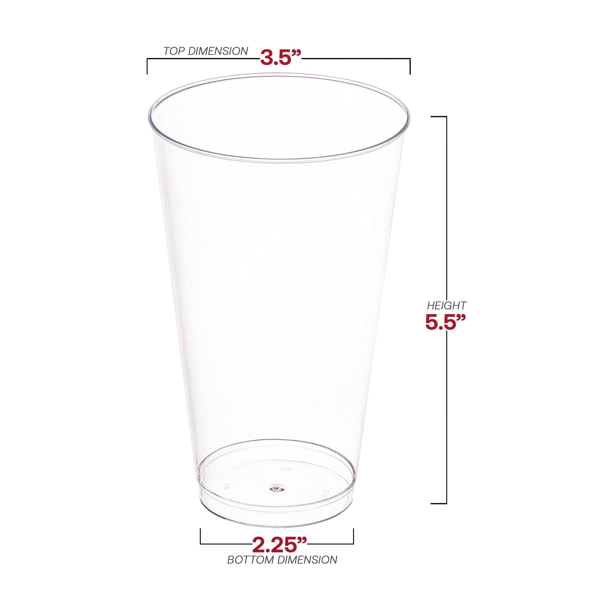 Crystal clear plastic disposable tall iced tea cups in a 500-pack, each holding 16 oz, measuring 3.5” x 5.5”, perfect for cold drinks