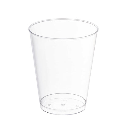 Crystal clear round plastic disposable party cup with an 8 oz capacity