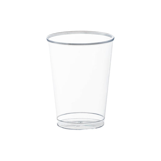 Crystal clear round plastic disposable party cups, 7 oz capacity, sturdy and lightweight, perfect for serving beverages at events