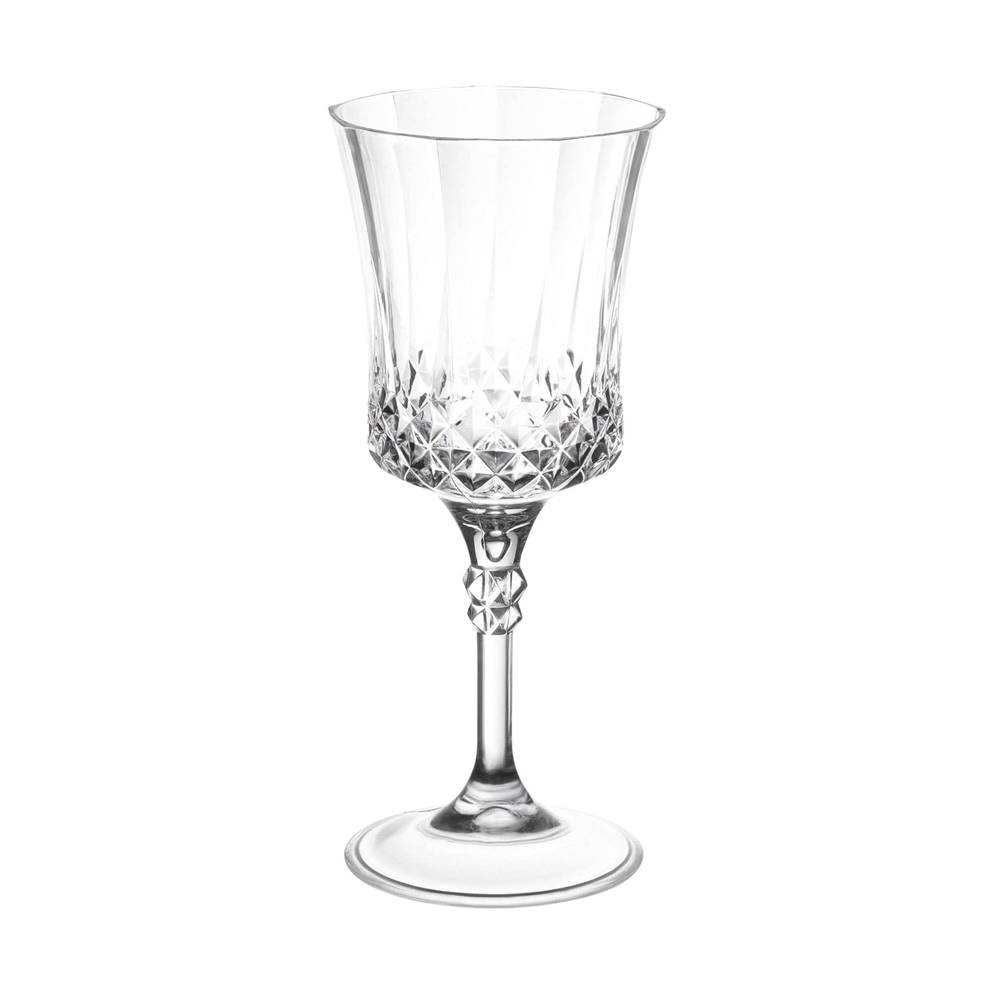 Crystal cut plastic wine goblets with an 11 oz capacity, measuring 3.25 inches by 7.75 inches, in a pack of 48