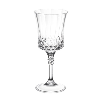 Crystal cut plastic wine goblets with an 11 oz capacity, measuring 3.25 inches by 7.75 inches, in a pack of 48