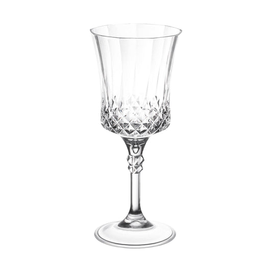 Crystal cut plastic wine goblets with an 11 oz capacity, measuring 3.25 inches by 7.75 inches, in a pack of 48