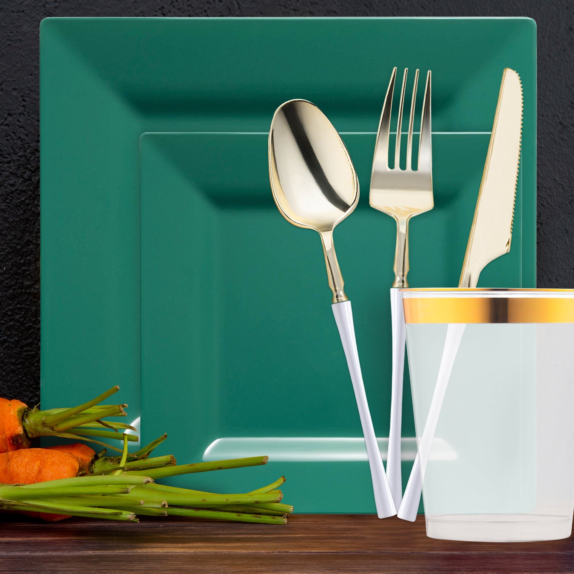 Deep green tableware brought rich tones to a rustic dinner party setup in the countryside.