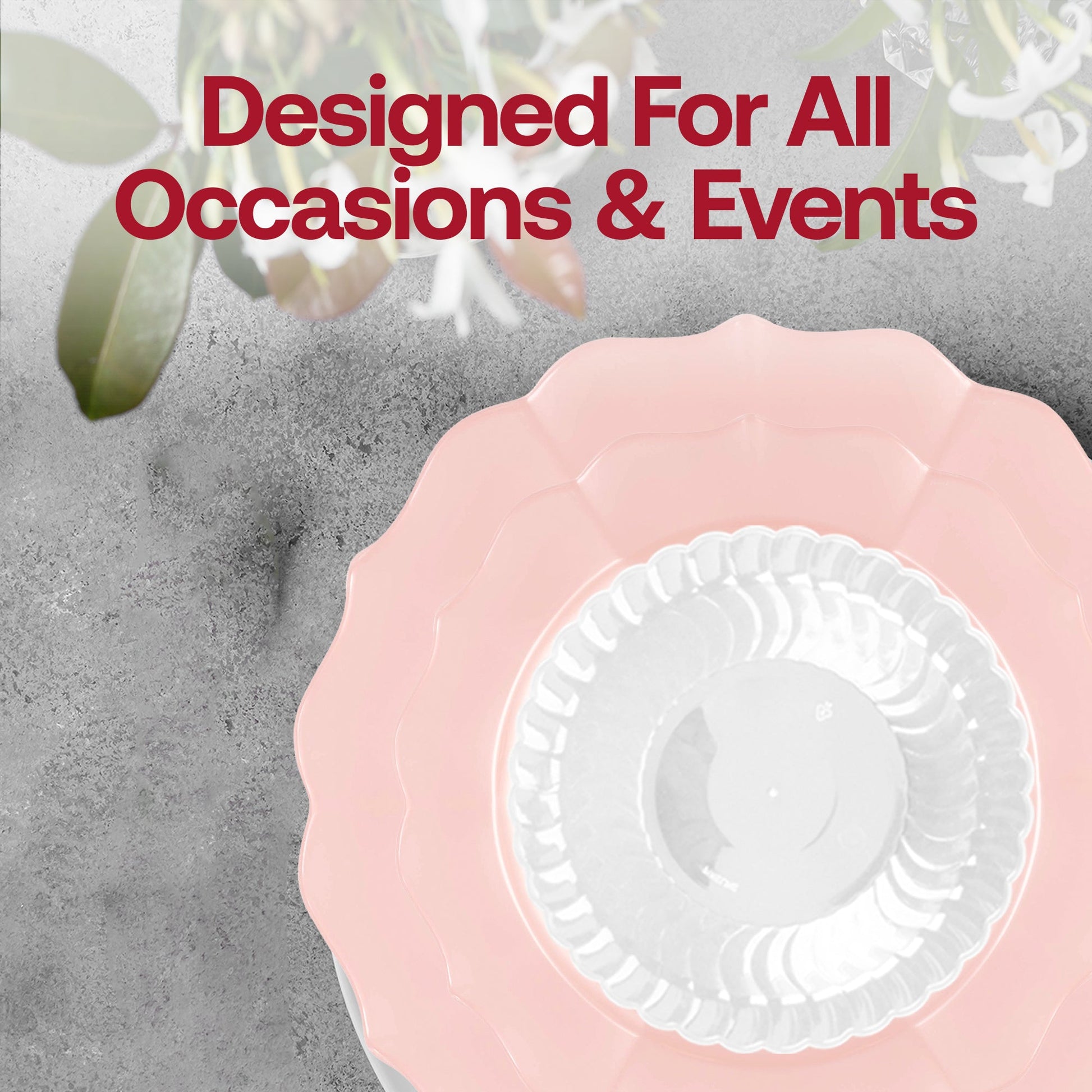 Display highlighting the Pearl Pink Round Lotus plates with an emphasis on ideal portioning and guest coverage.