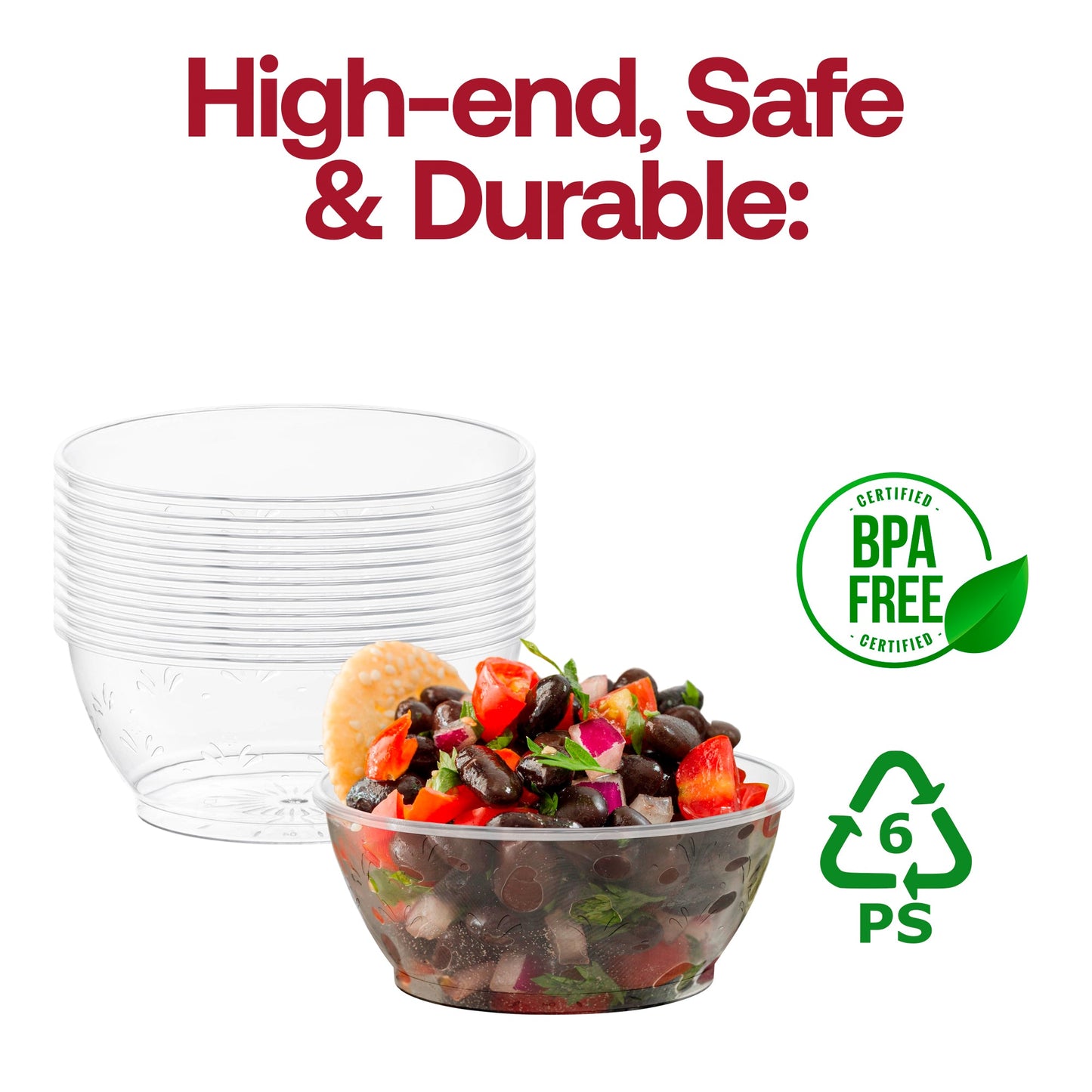 Disposable 6 oz dessert bowls with a clear floral design, round shape, sturdy plastic construction, BPA-free