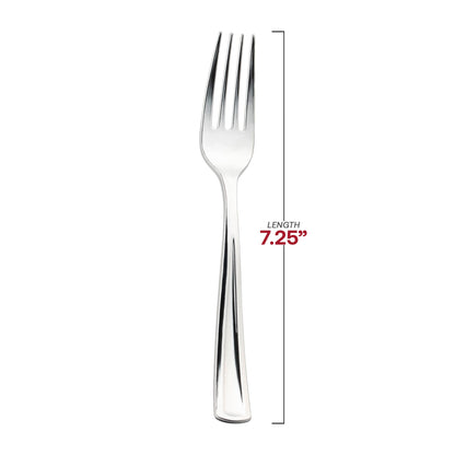 Disposable 7.25-inch metallic silver plastic forks, bulk pack of 600, ideal for buffets and banquets