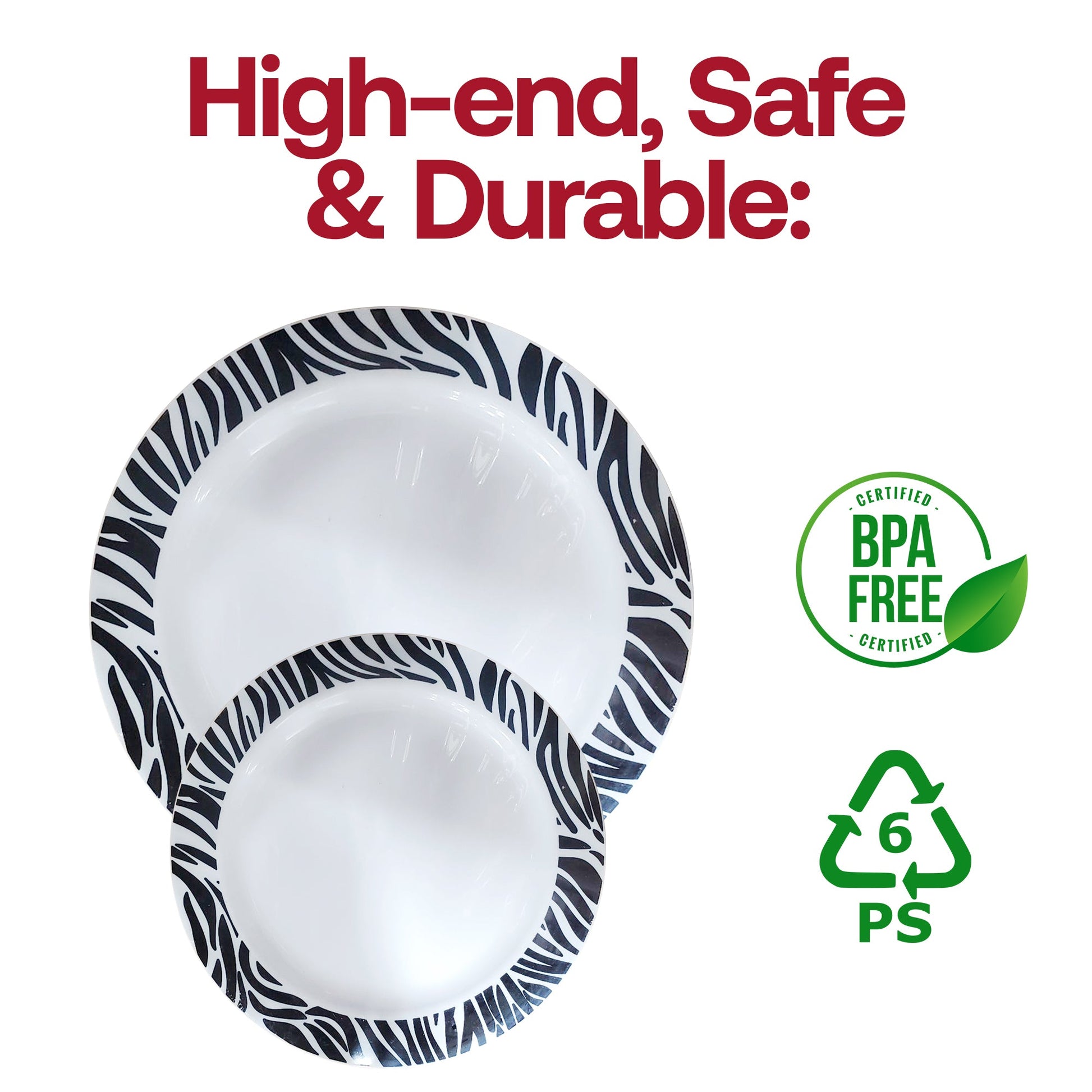 Disposable 7.5-inch appetizer plates in white with a chic black zebra print, durable plastic material, 120 plates per pack, BPA-Free