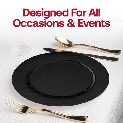 Disposable black paper charger plates with a 13-inch round design, perfect for weddings, banquets, or other celebrations
