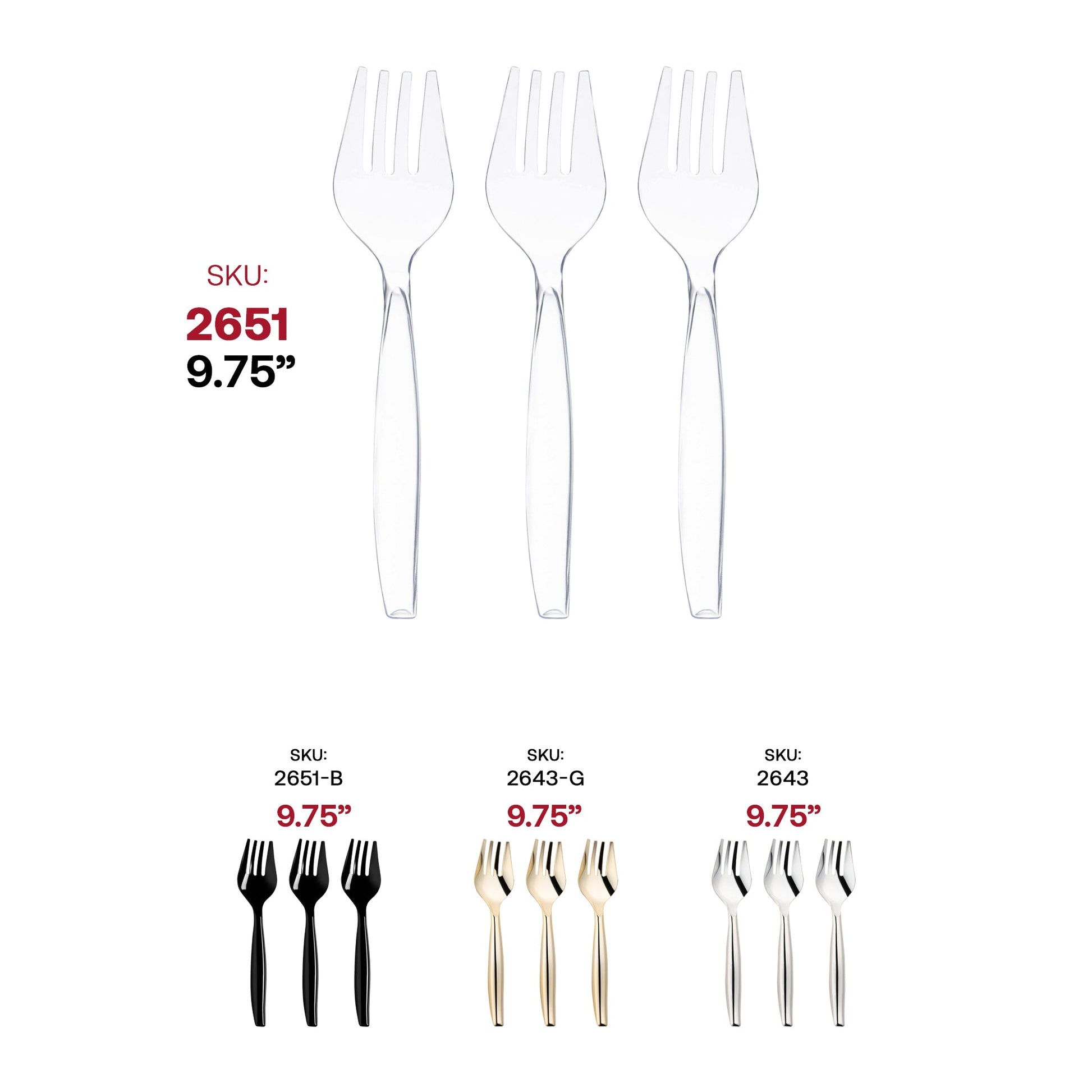 Disposable clear plastic serving forks, 9.75 inches, ideal for stress-free hosting and catering, case of 150.