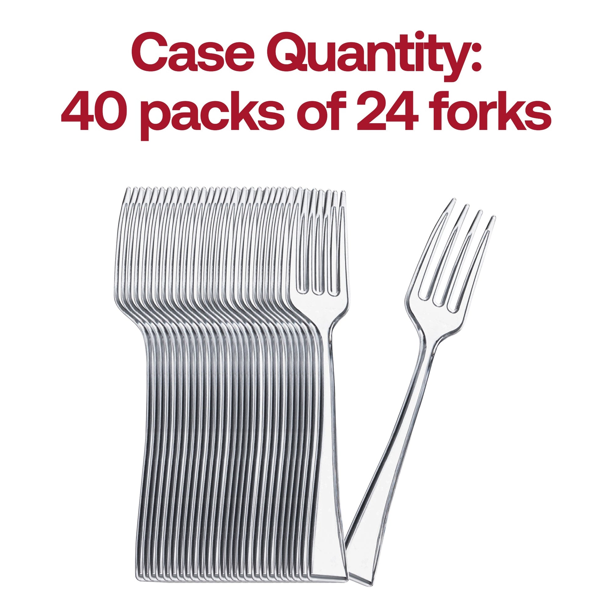 Disposable clear plastic tasting forks, 4-inch size, case of 960, perfect for events, weddings, and cocktail parties