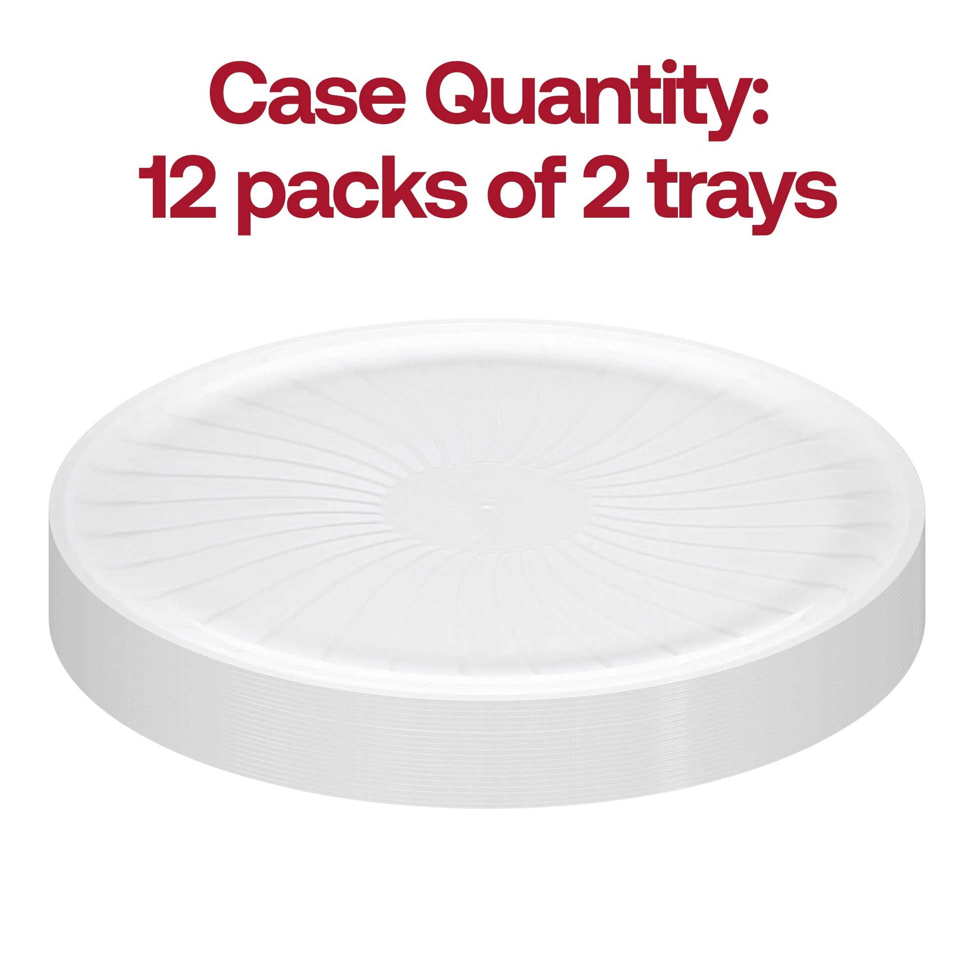 Disposable clear plastic tray with a 16-inch diameter, designed to serve large portions or multiple food items