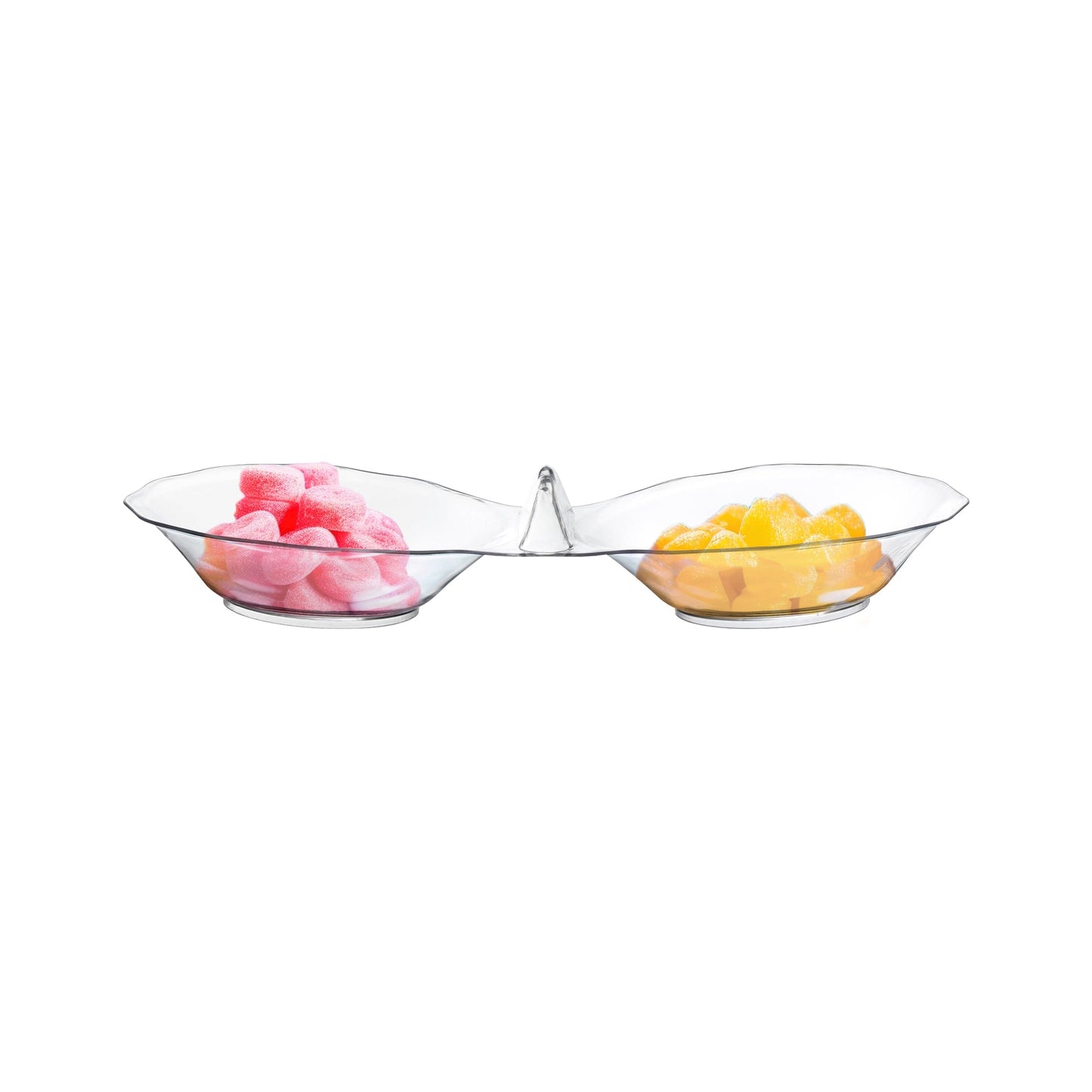 Disposable clear round 2-hole mini plastic candy bowls, 2.75" diameter, perfect for individual candy servings, 288 bowls per case.