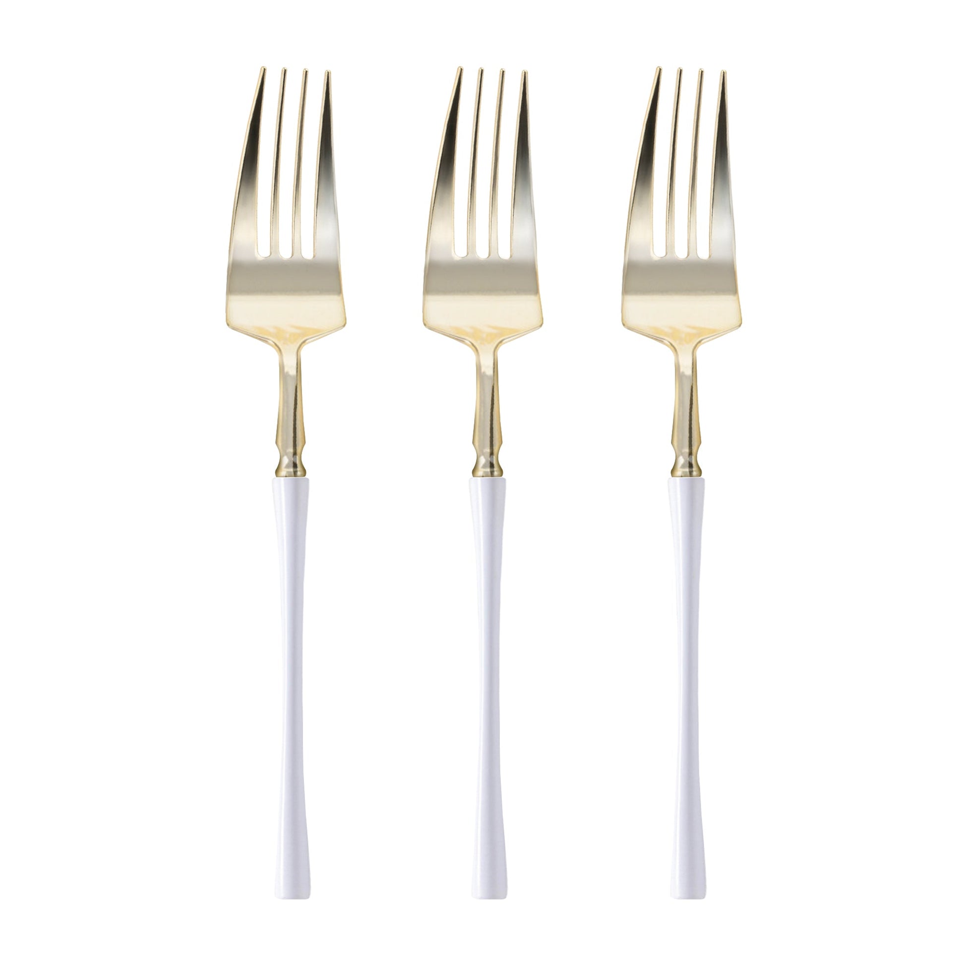 Disposable dinner forks measuring 8.4" with gold detailing and contemporary white handles, ideal for parties and formal events