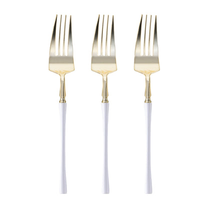 Disposable dinner forks measuring 8.4" with gold detailing and contemporary white handles, ideal for parties and formal events