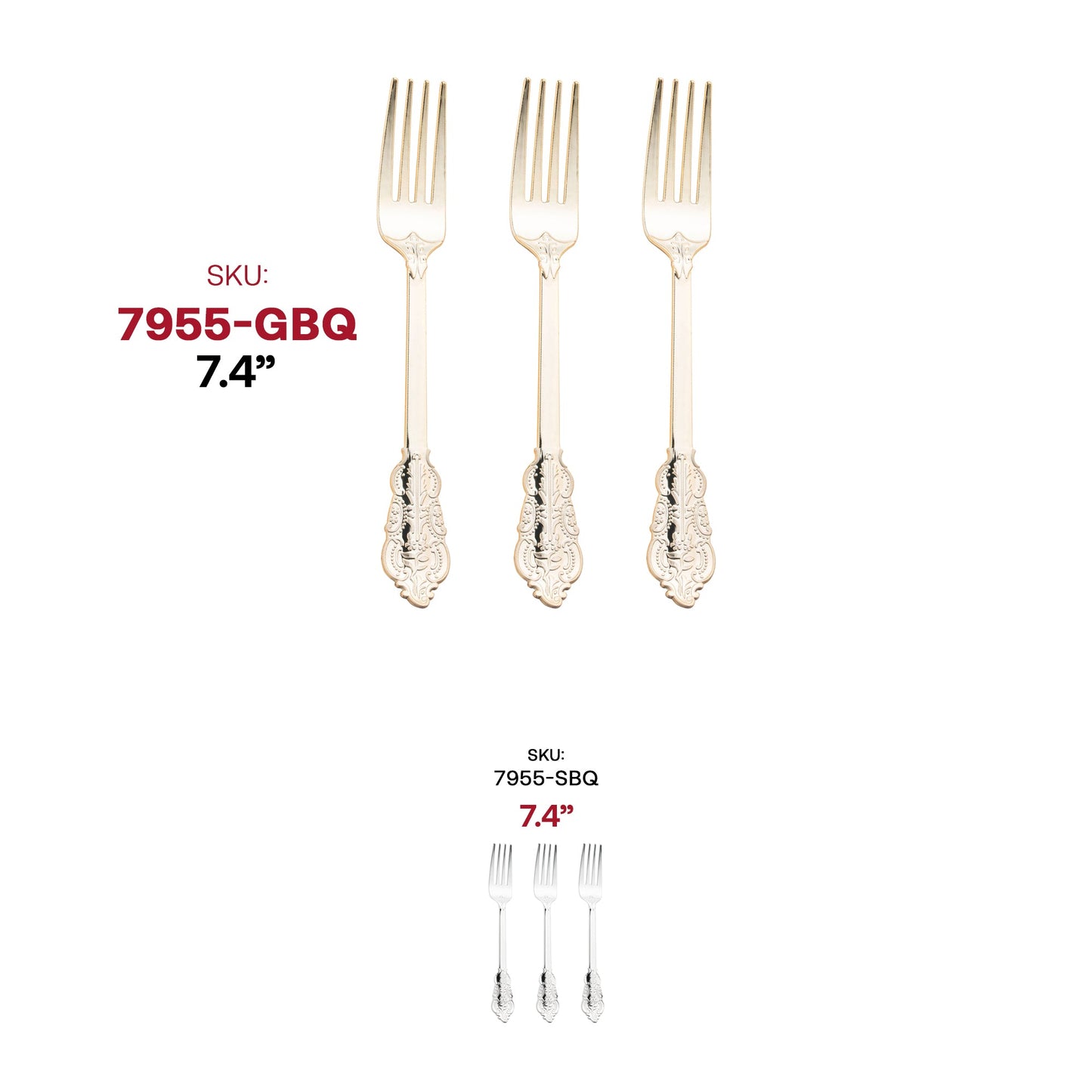 Disposable gold baroque plastic forks, 7.4 inches, case of 600 – Sturdy yet stylish cutlery with an intricate design, ideal for weddings and parties.