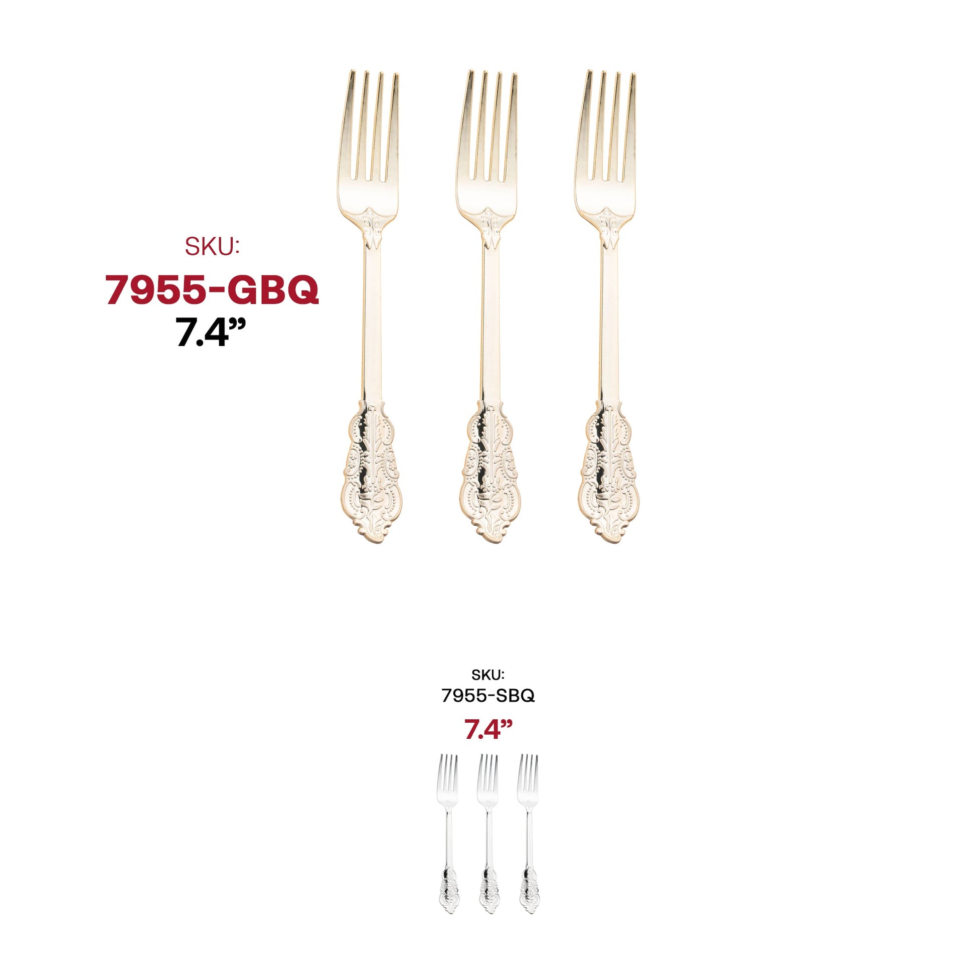 Disposable gold baroque plastic forks, 7.4 inches, case of 600 – Sturdy yet stylish cutlery with an intricate design, ideal for weddings and parties.