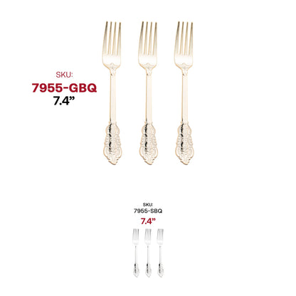 Disposable gold baroque plastic forks, 7.4 inches, case of 600 – Sturdy yet stylish cutlery with an intricate design, ideal for weddings and parties.