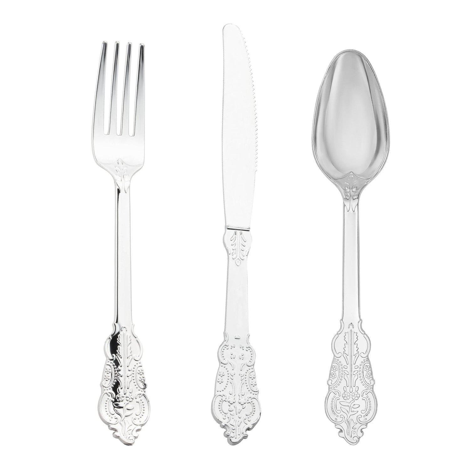 Disposable metallic silver Baroque plastic cutlery set, ideal for hassle-free cleanup at large gatherings