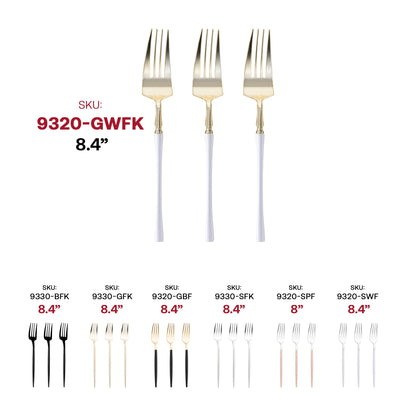Disposable modern-style dinner forks with gold-colored prongs and chic white handles, sold in a convenient 240-piece case