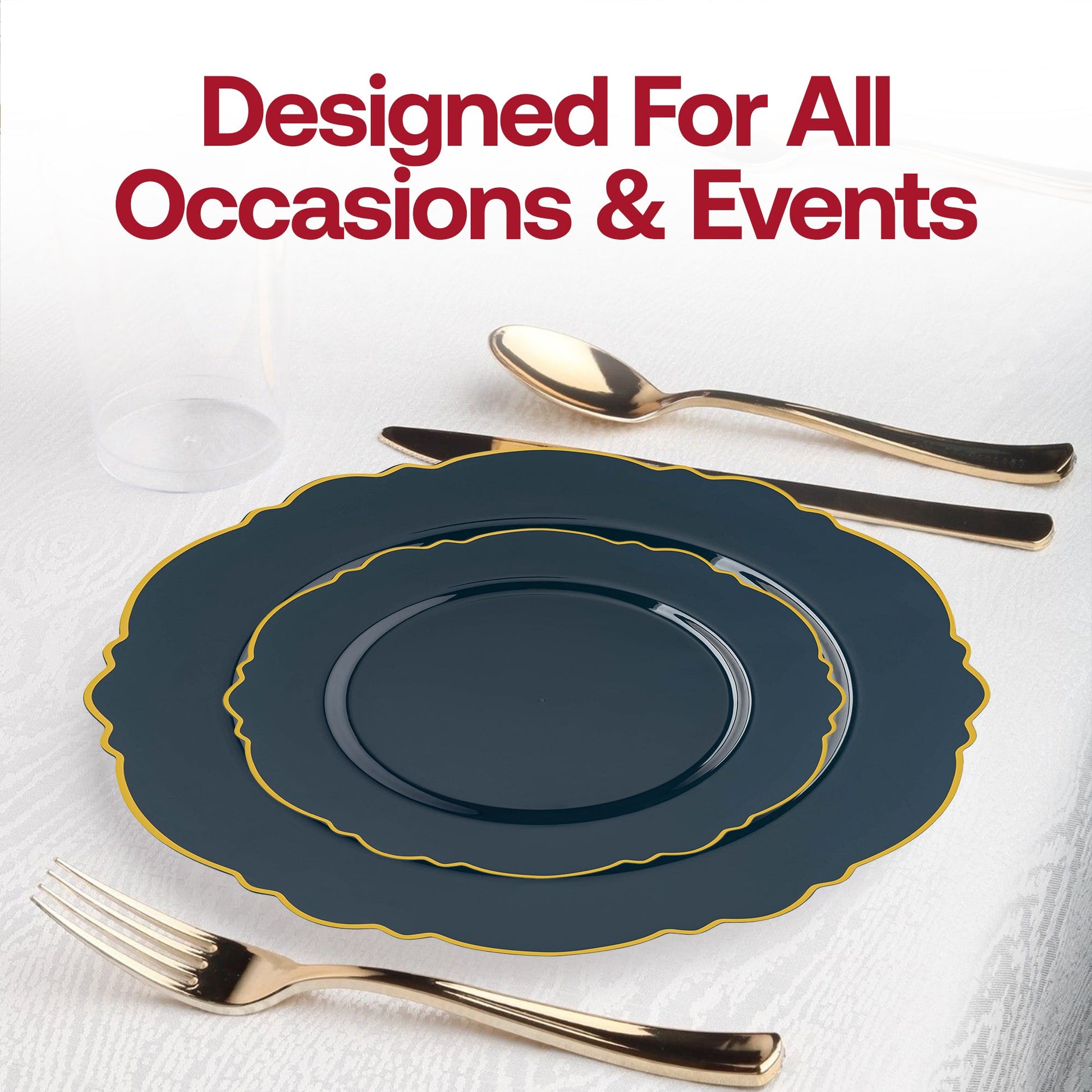Disposable navy plates with gold rim displayed at a banquet, perfect for all occasions from intimate dinners to grand receptions