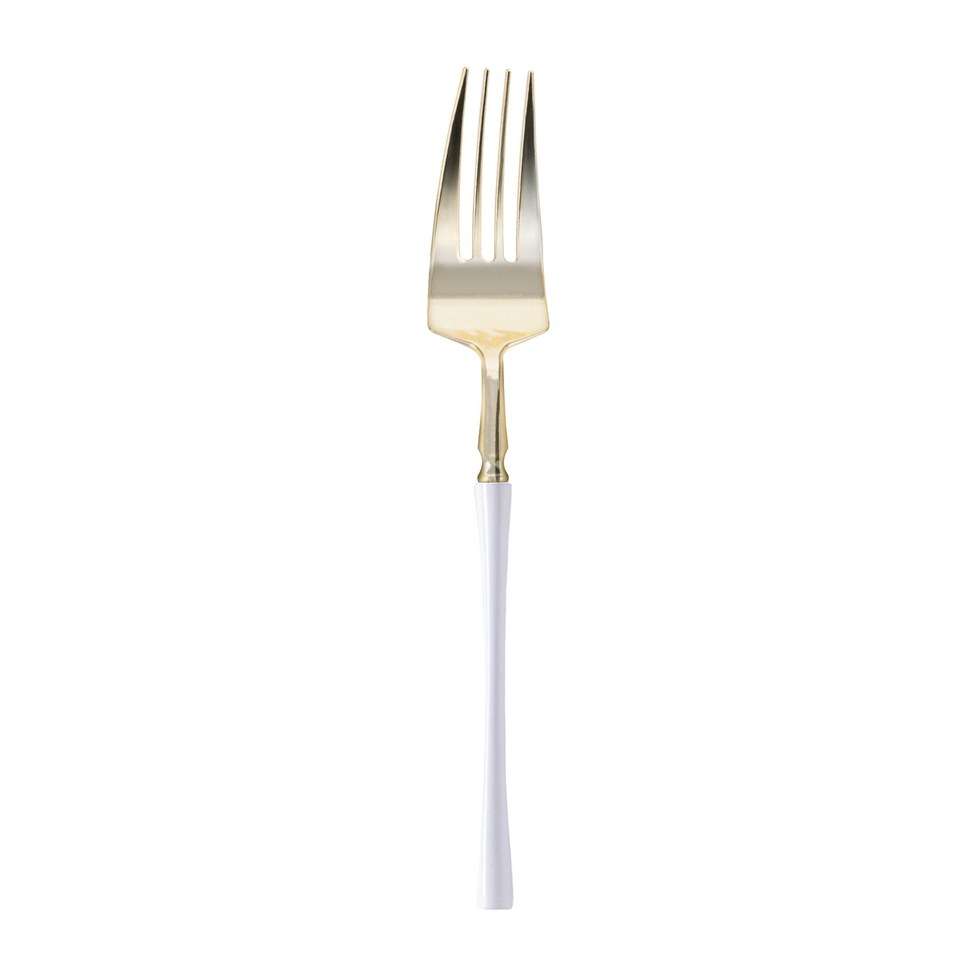 Disposable plastic dinner forks featuring elegant gold prongs and white handles, perfect for luxury table settings