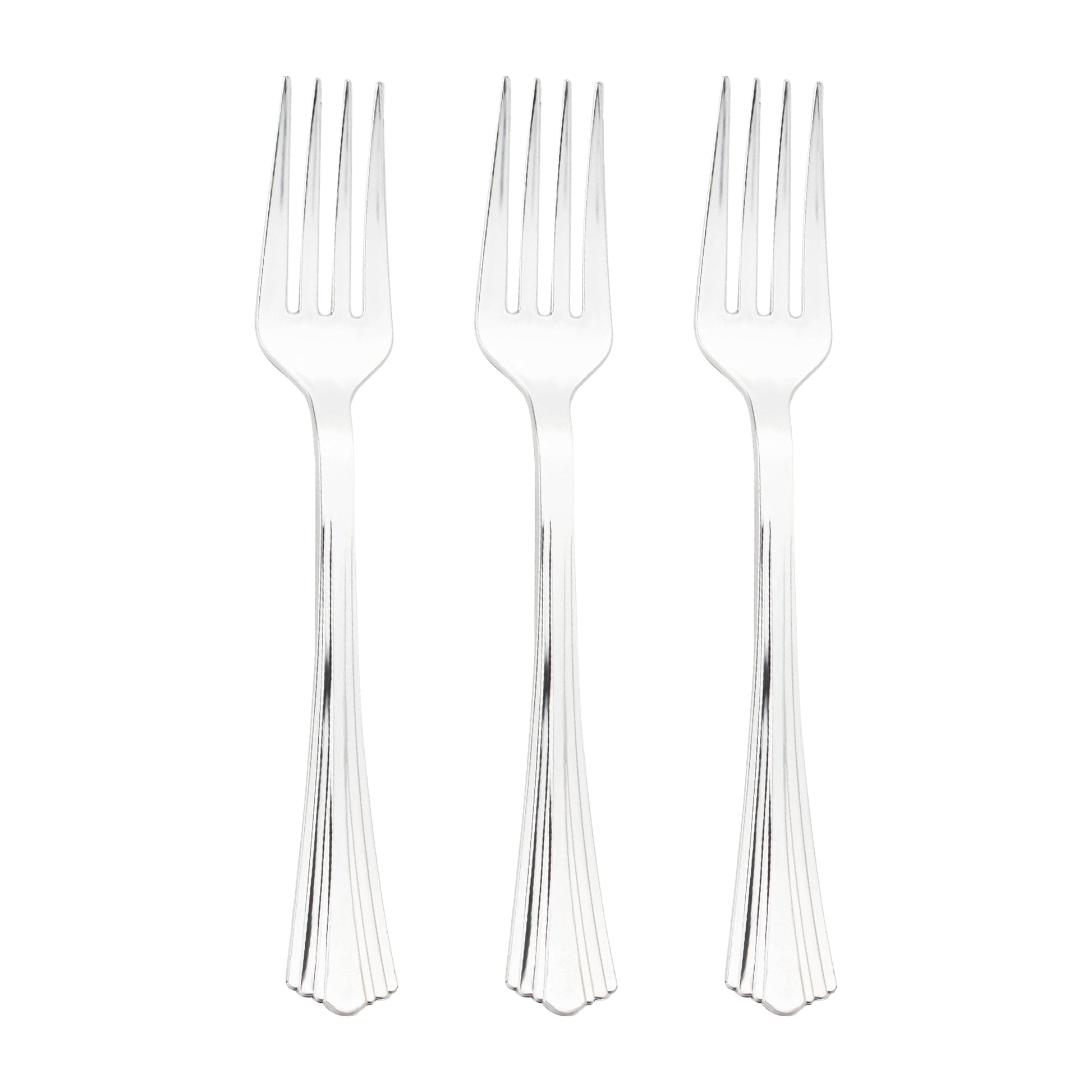 Disposable silver plastic forks with a reflective metallic finish and stylish grooves, 6.75 inches, bulk pack of 600
