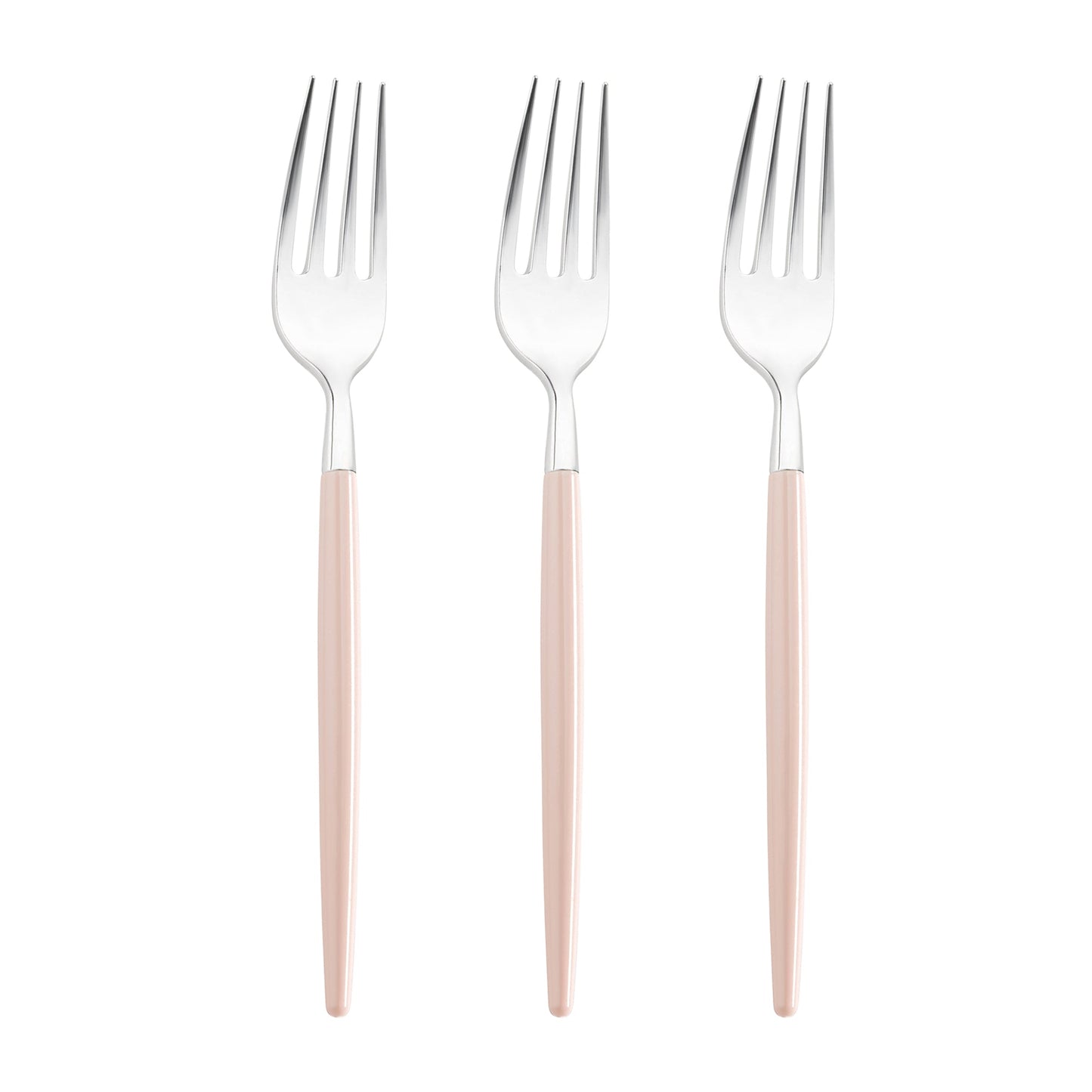 Disposable silver with pink handle Moderno plastic dinner forks, 8 inches, lightweight yet sturdy, perfect for events