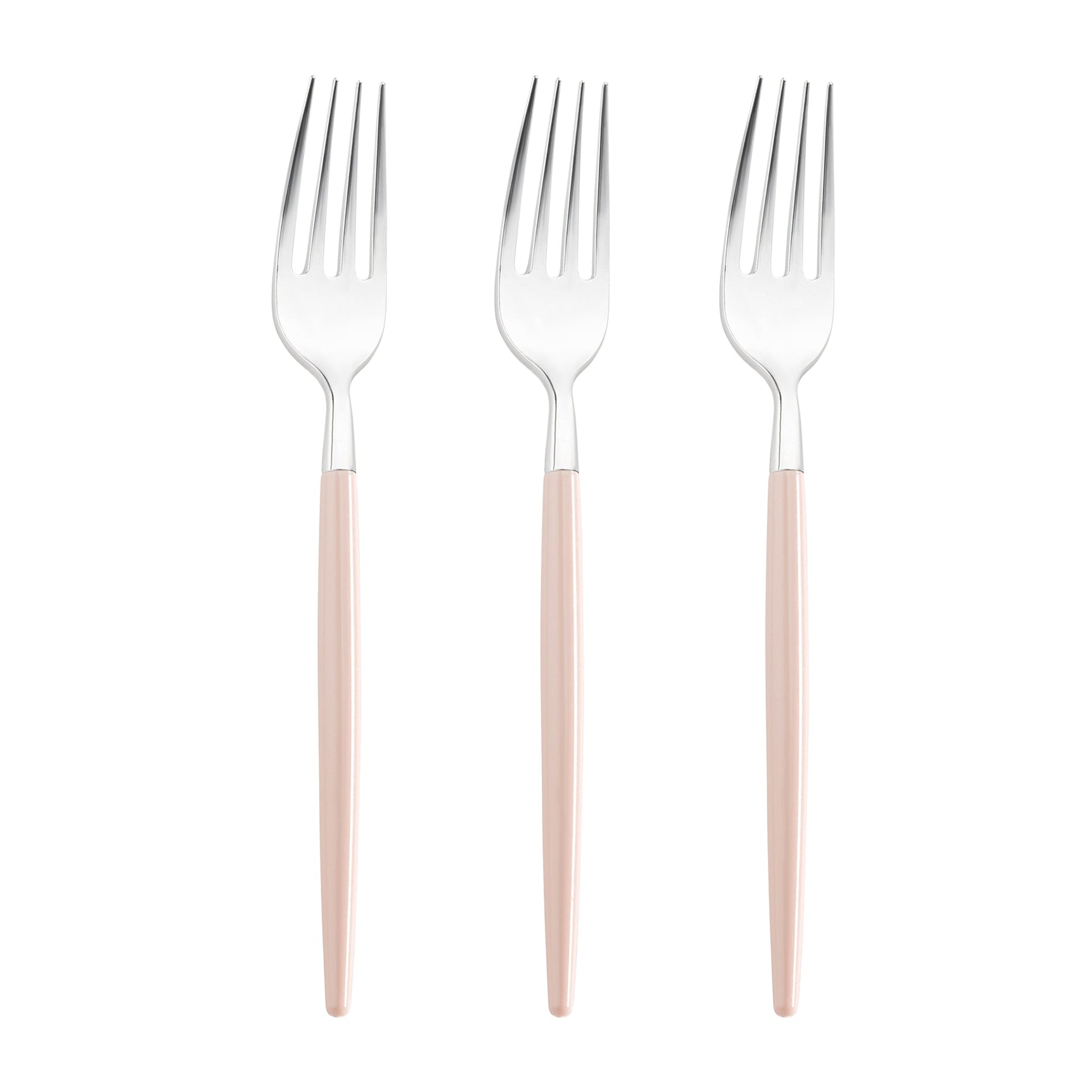 Disposable silver with pink handle Moderno plastic dinner forks, 8 inches, lightweight yet sturdy, perfect for events