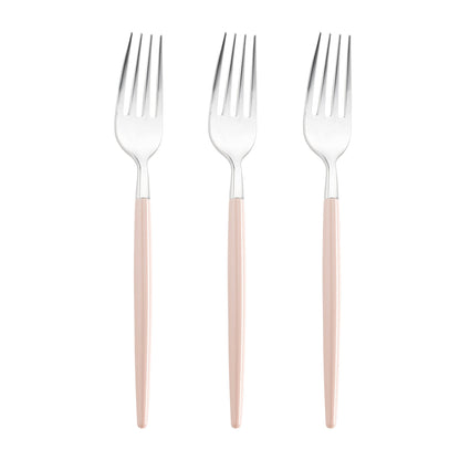 Disposable silver with pink handle Moderno plastic dinner forks, 8 inches, lightweight yet sturdy, perfect for events
