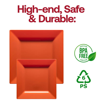 Disposable square cake plates in burnt orange plastic, 6.5 inches in size, BPA-free