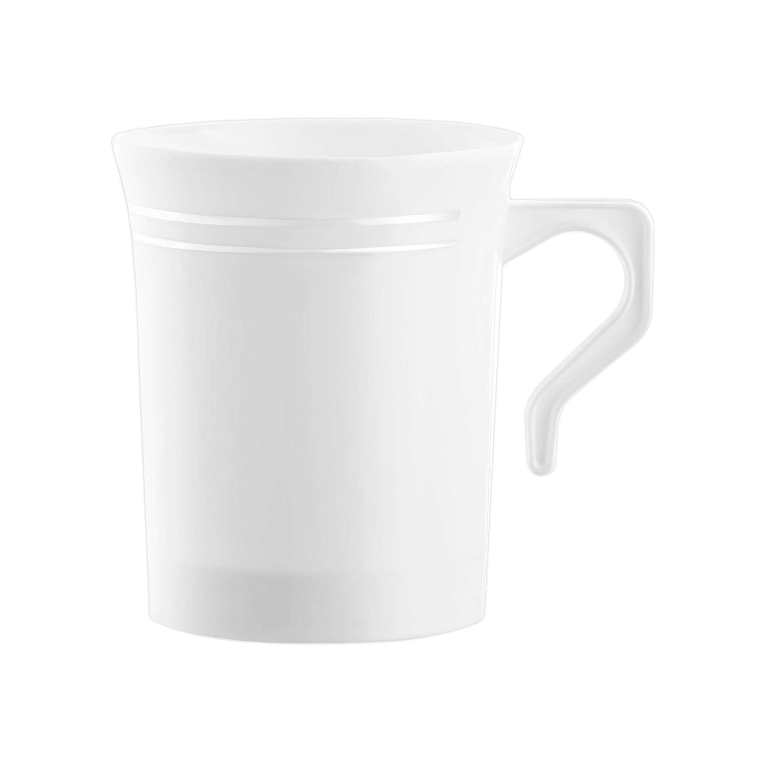Disposable white plastic coffee mugs, 8 oz, featuring a silver rim, ideal for easy cleanup at events