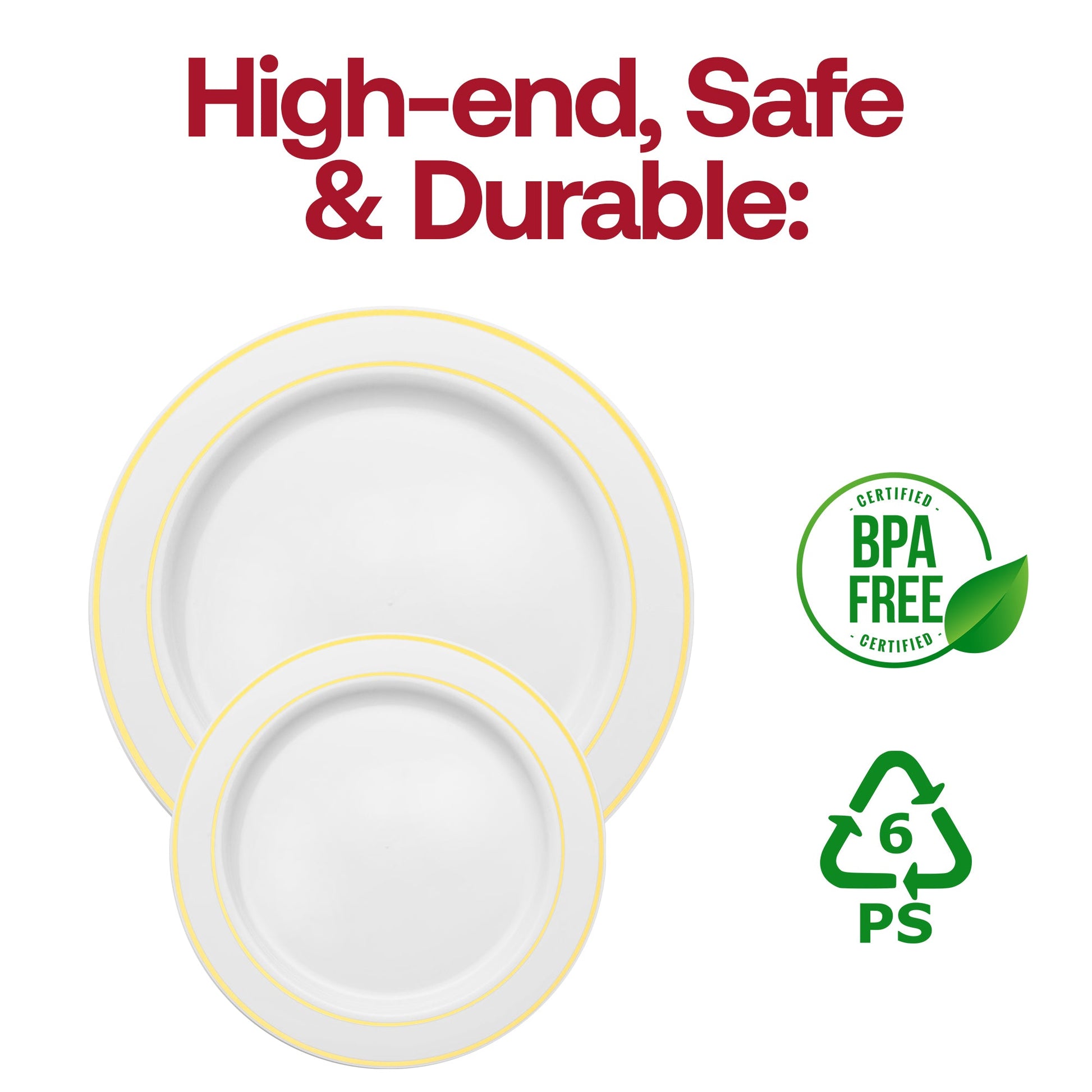 Disposable white salad plates, 7.5-inch round with gold rim, lightweight plastic, BPA-free