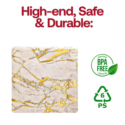Disposable white square charger plates adorned with a gold marble pattern, 13-inch diameter, BPA-free