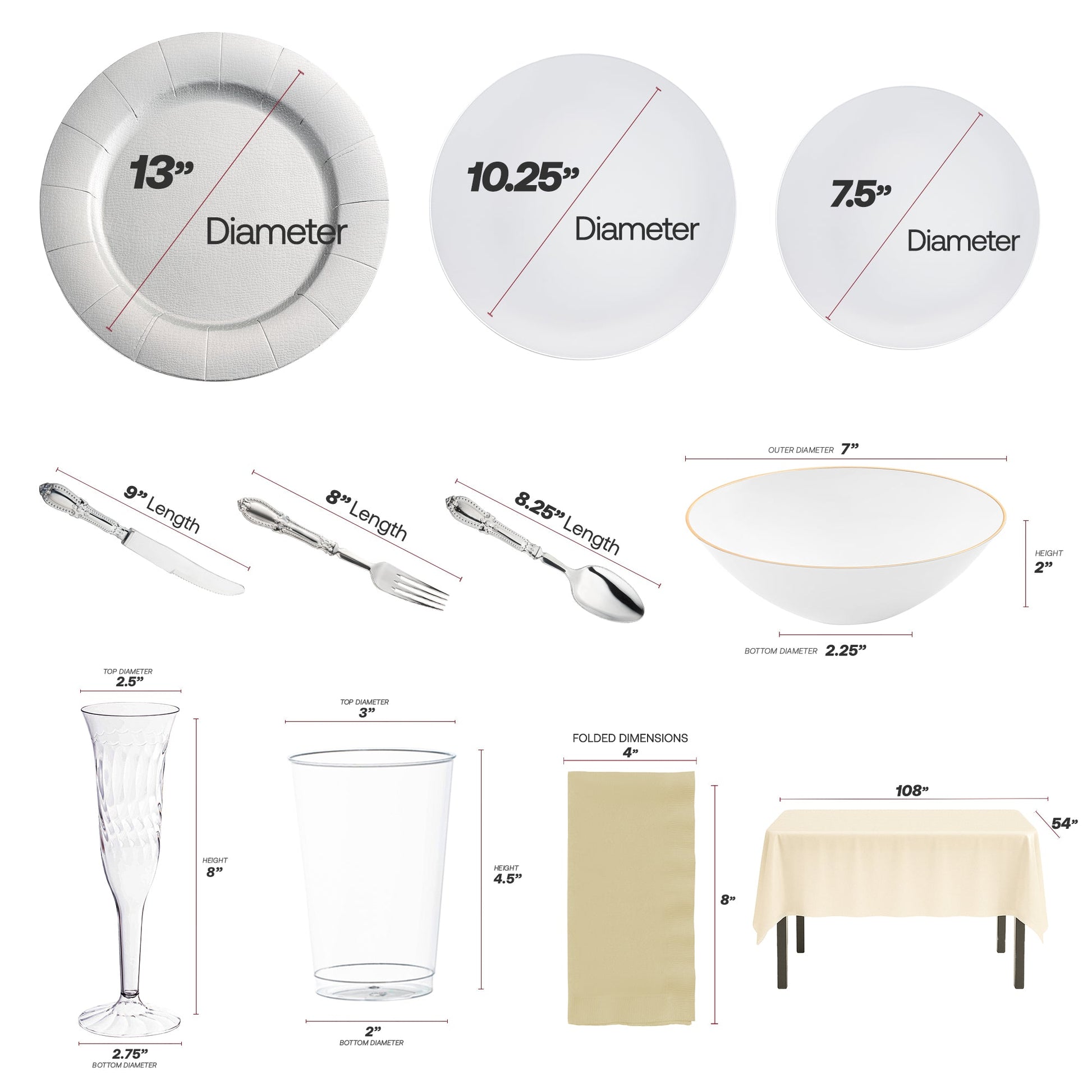 Durable 10.25" dinner plates and 7.5" salad plates with matching silver cutlery.